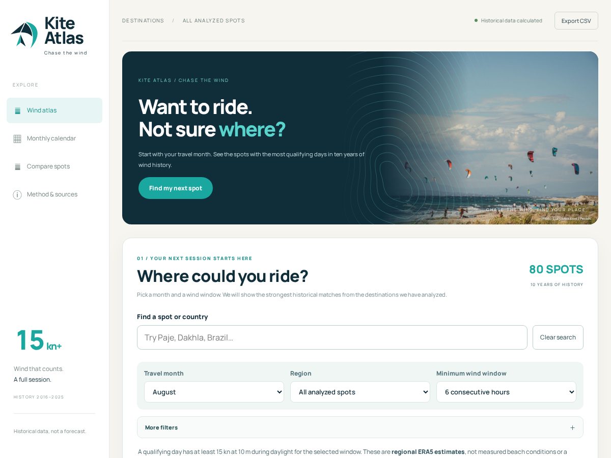 Landing-page snapshot of kiteatlas.surf
