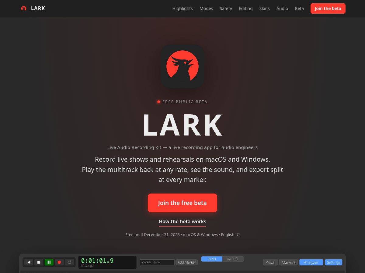 Landing-page snapshot of lark-audio.com