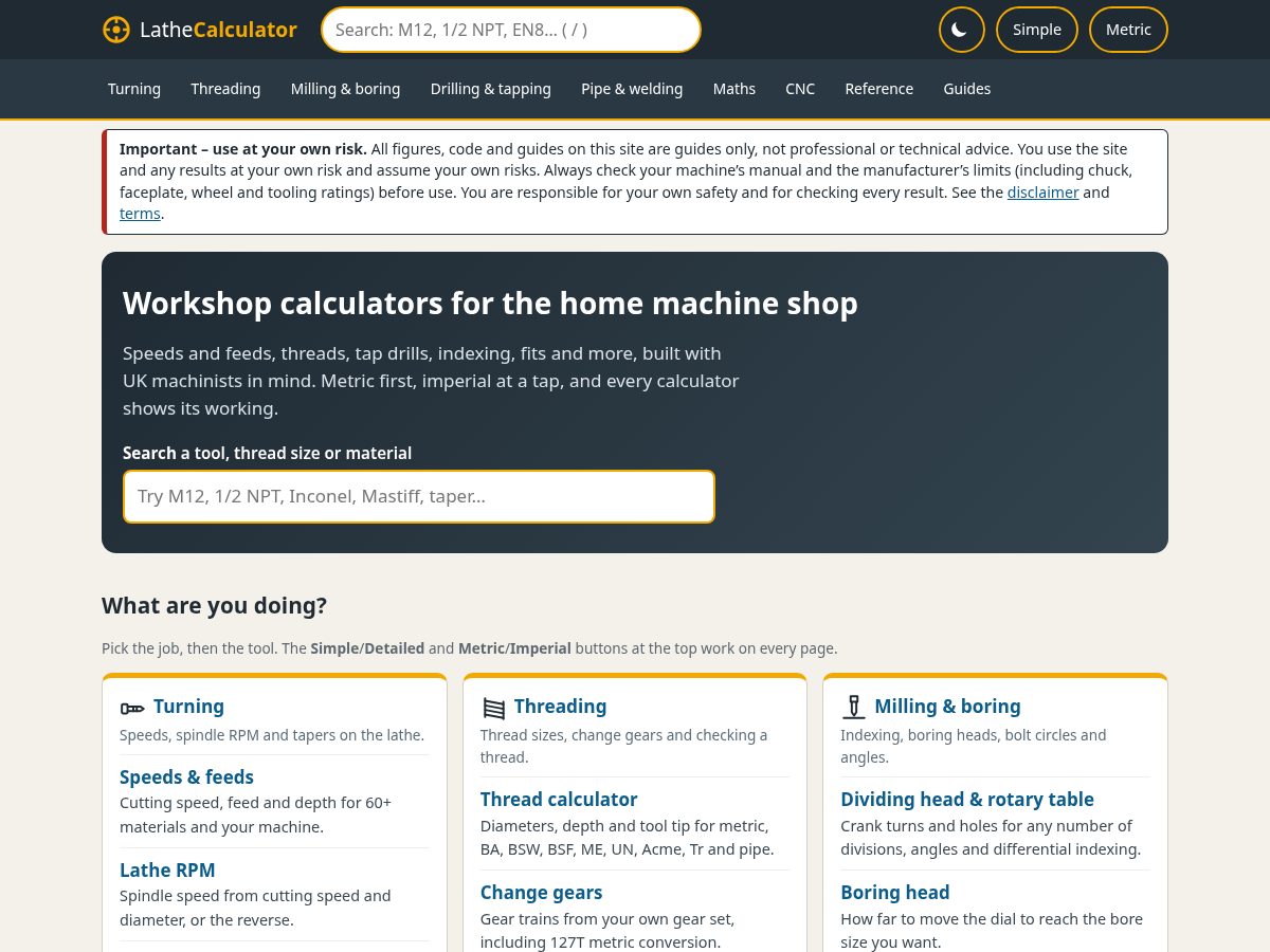 Landing-page snapshot of lathecalculator.com