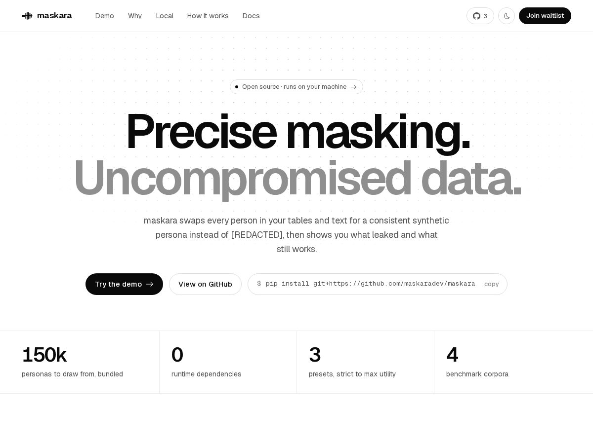 Landing-page snapshot of maskara.dev