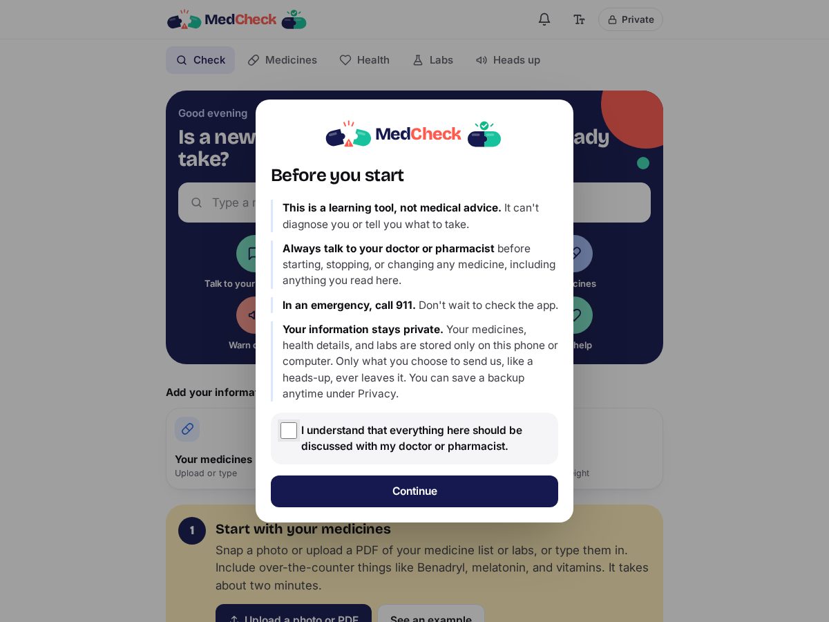 Landing-page snapshot of medcheckapp.org