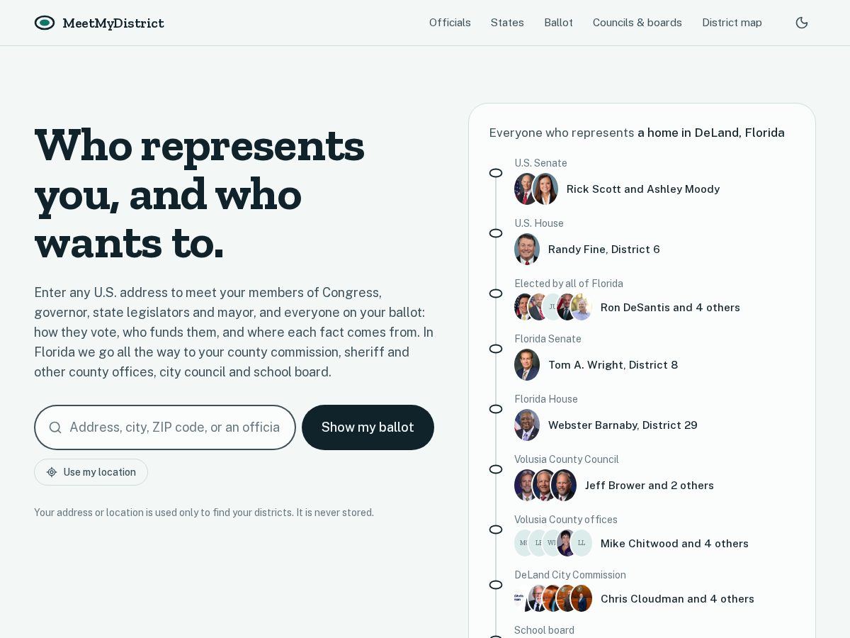 Landing-page snapshot of meetmydistrict.com