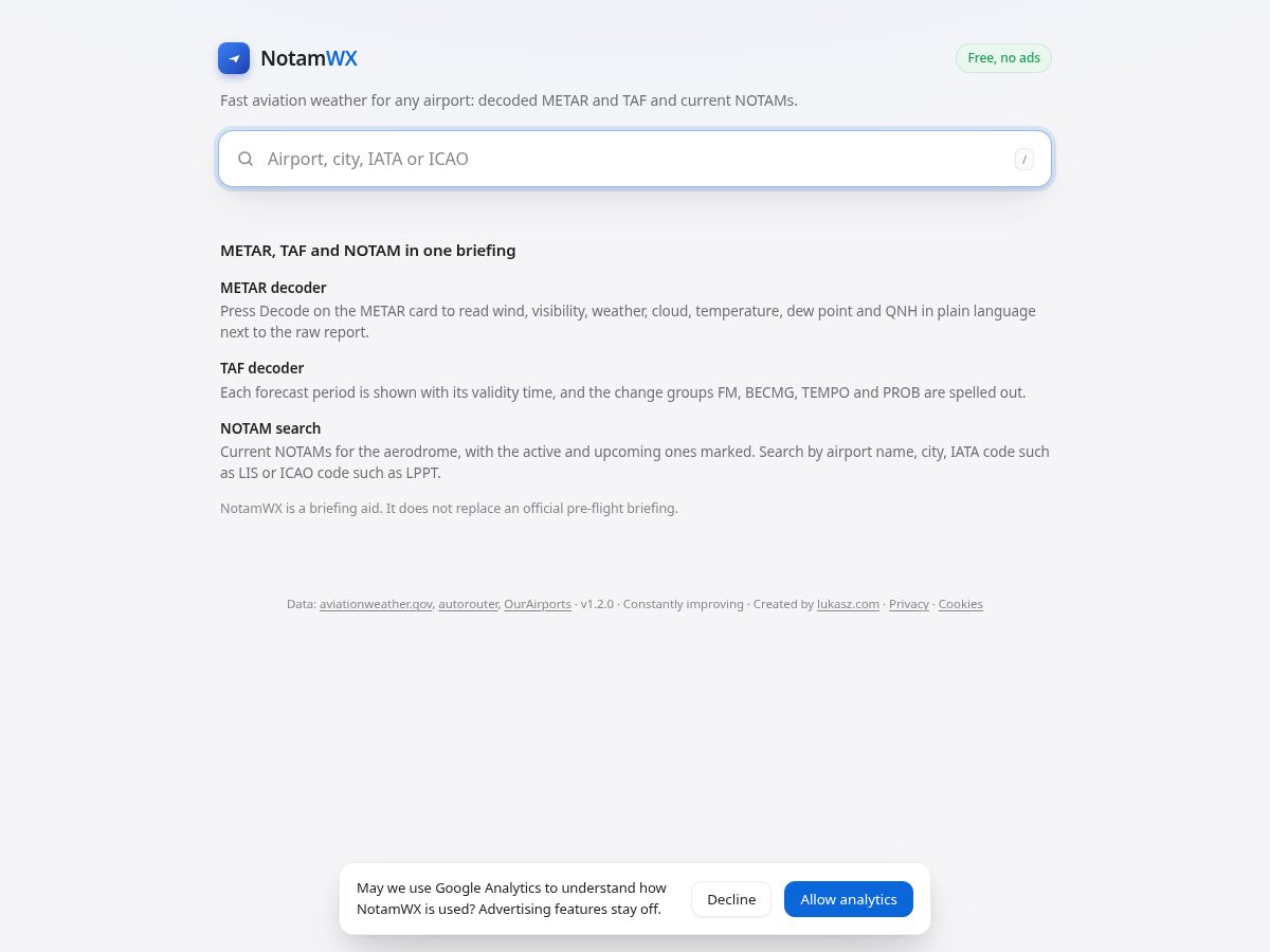 Landing-page snapshot of notamwx.com