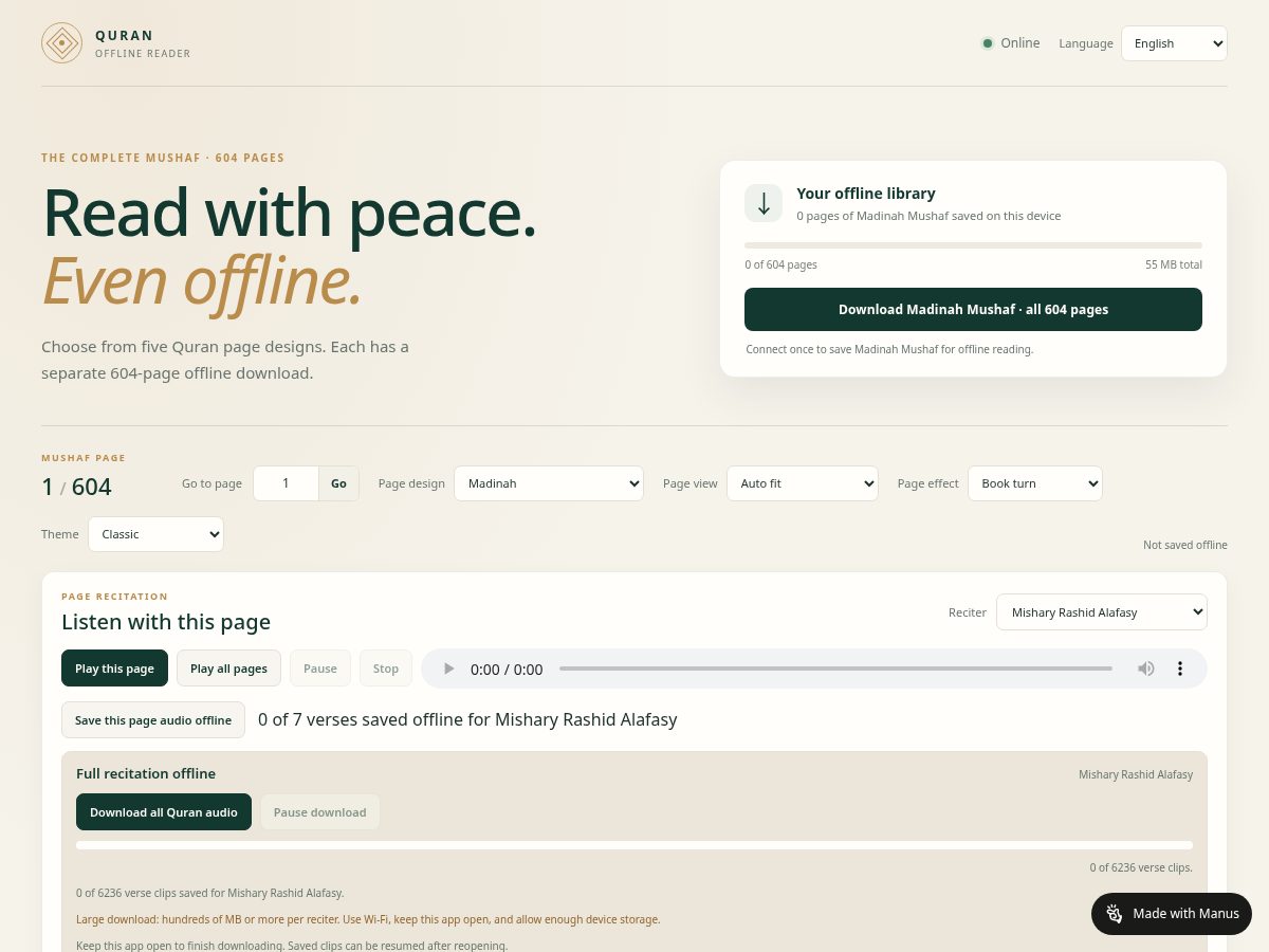 Landing-page snapshot of offlinequran.online