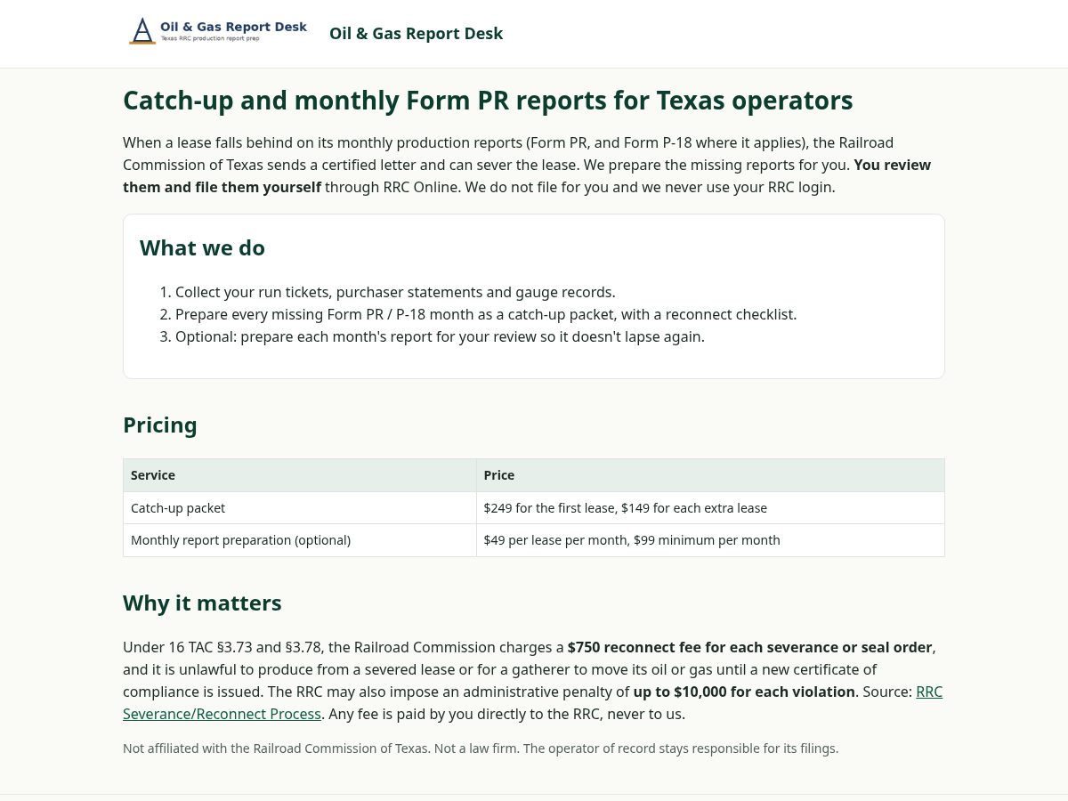 Landing-page snapshot of oilgasreportdesk.com