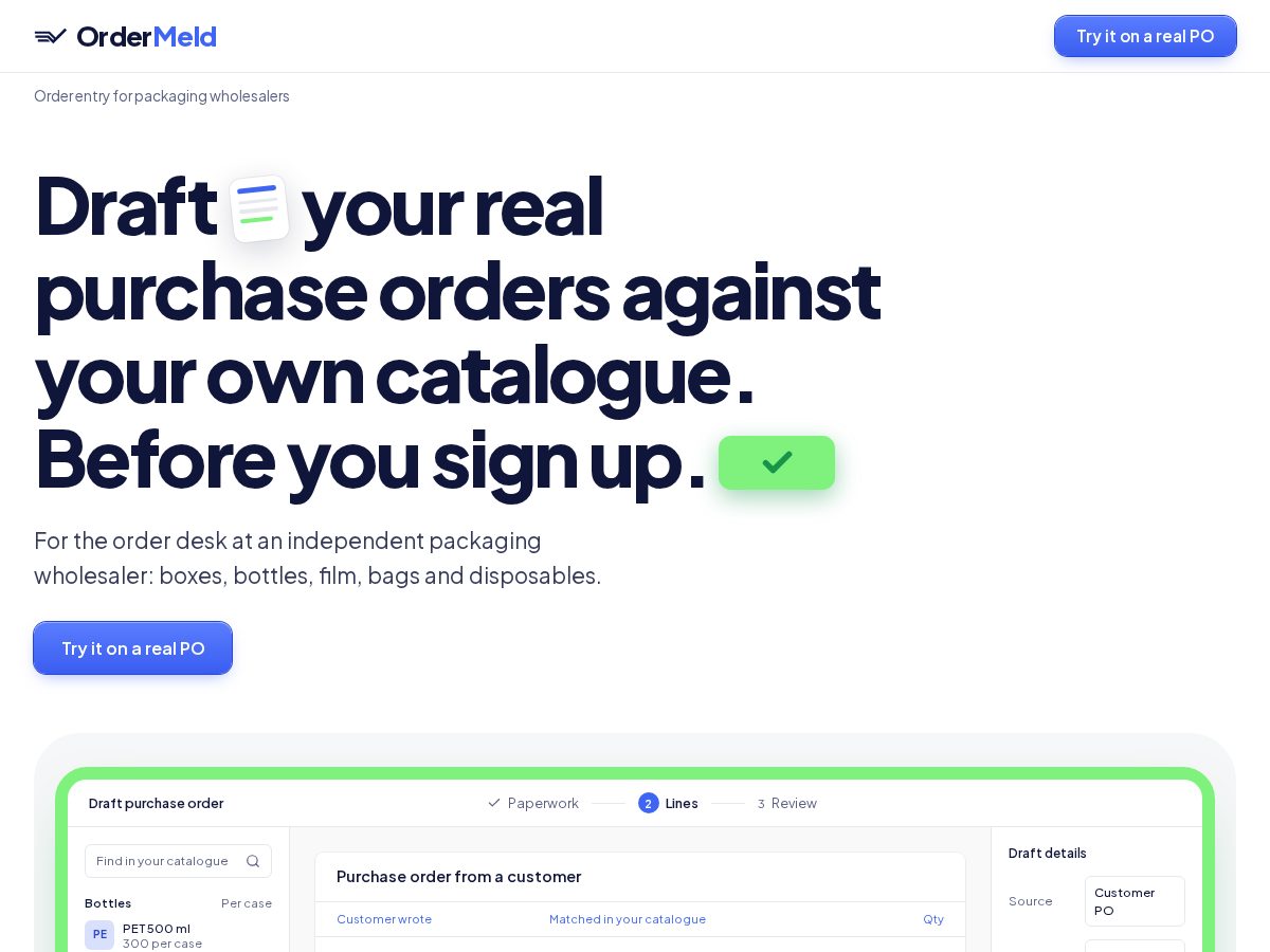 Landing-page snapshot of ordermeld.com