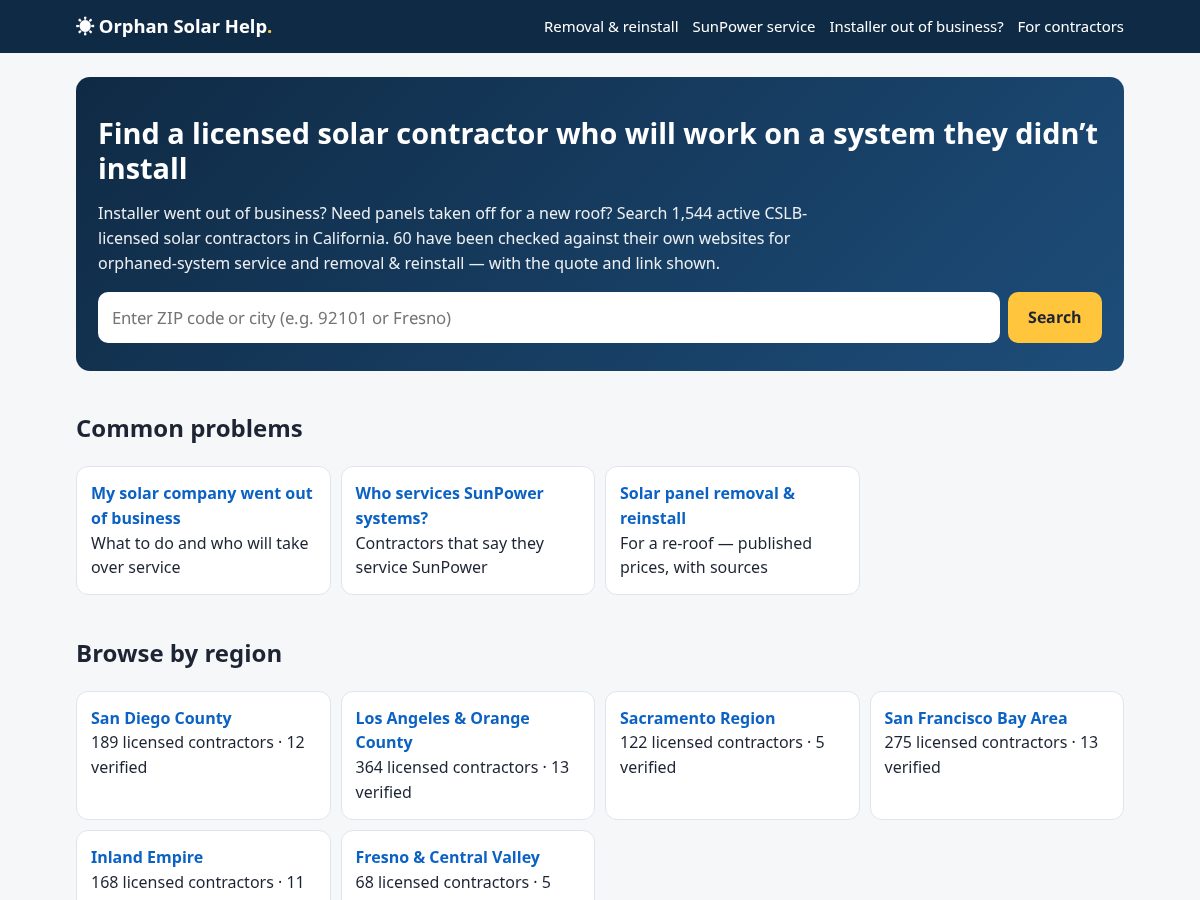 Landing-page snapshot of orphansolarhelp.com