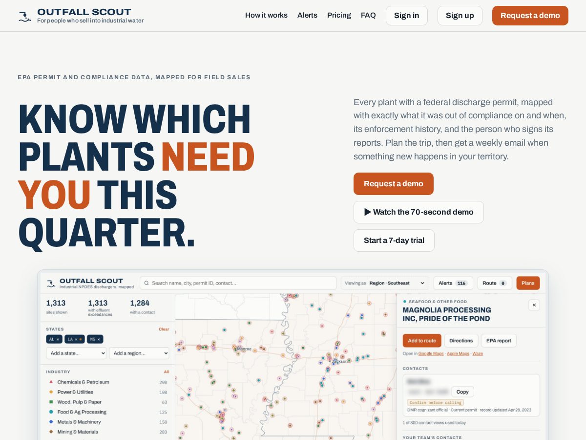 Landing-page snapshot of outfallscout.com