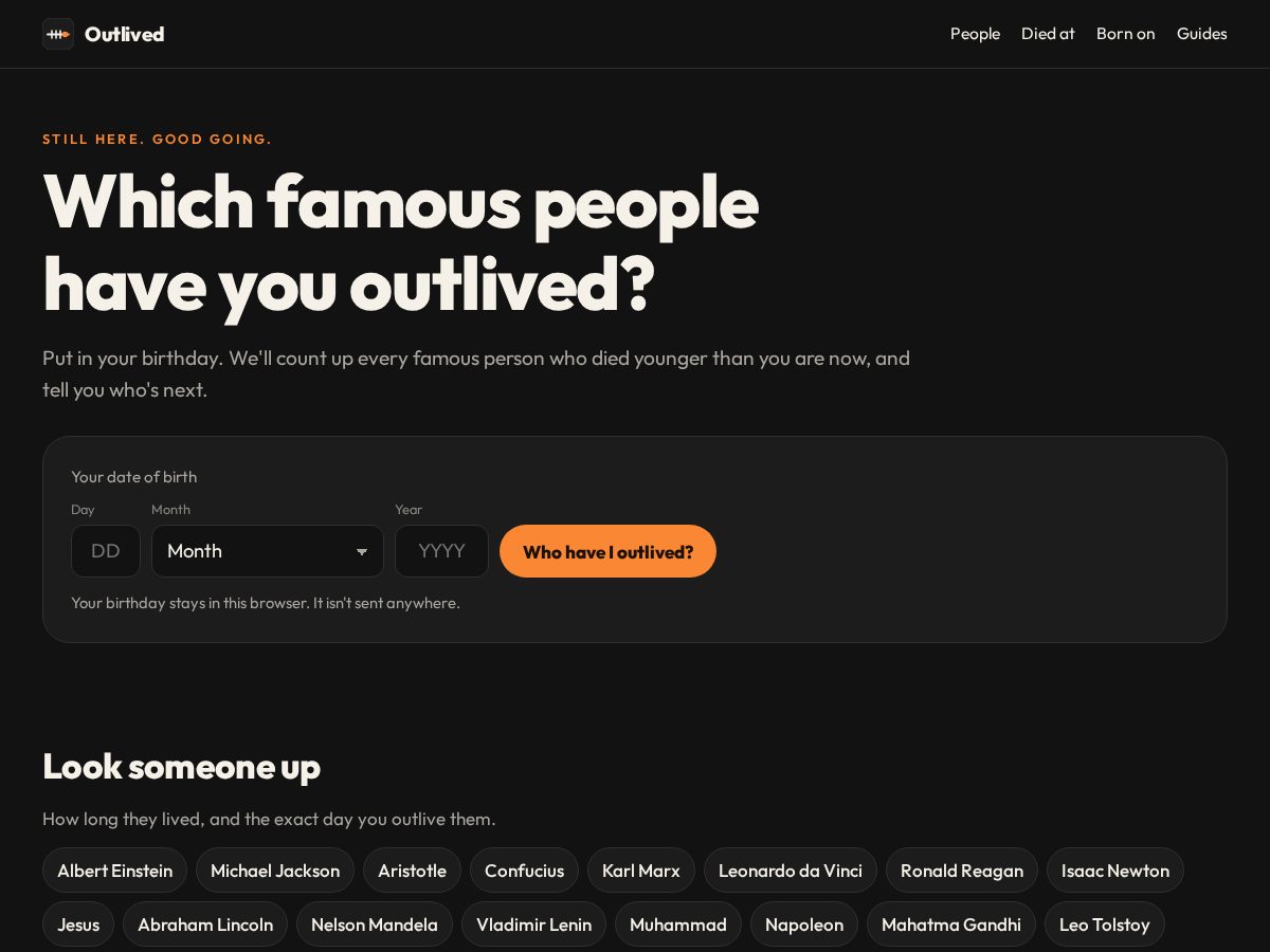 Landing-page snapshot of outlived.fun