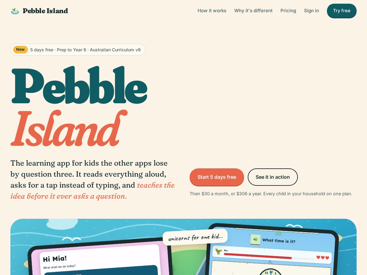 Landing-page snapshot of pebbleisland.app