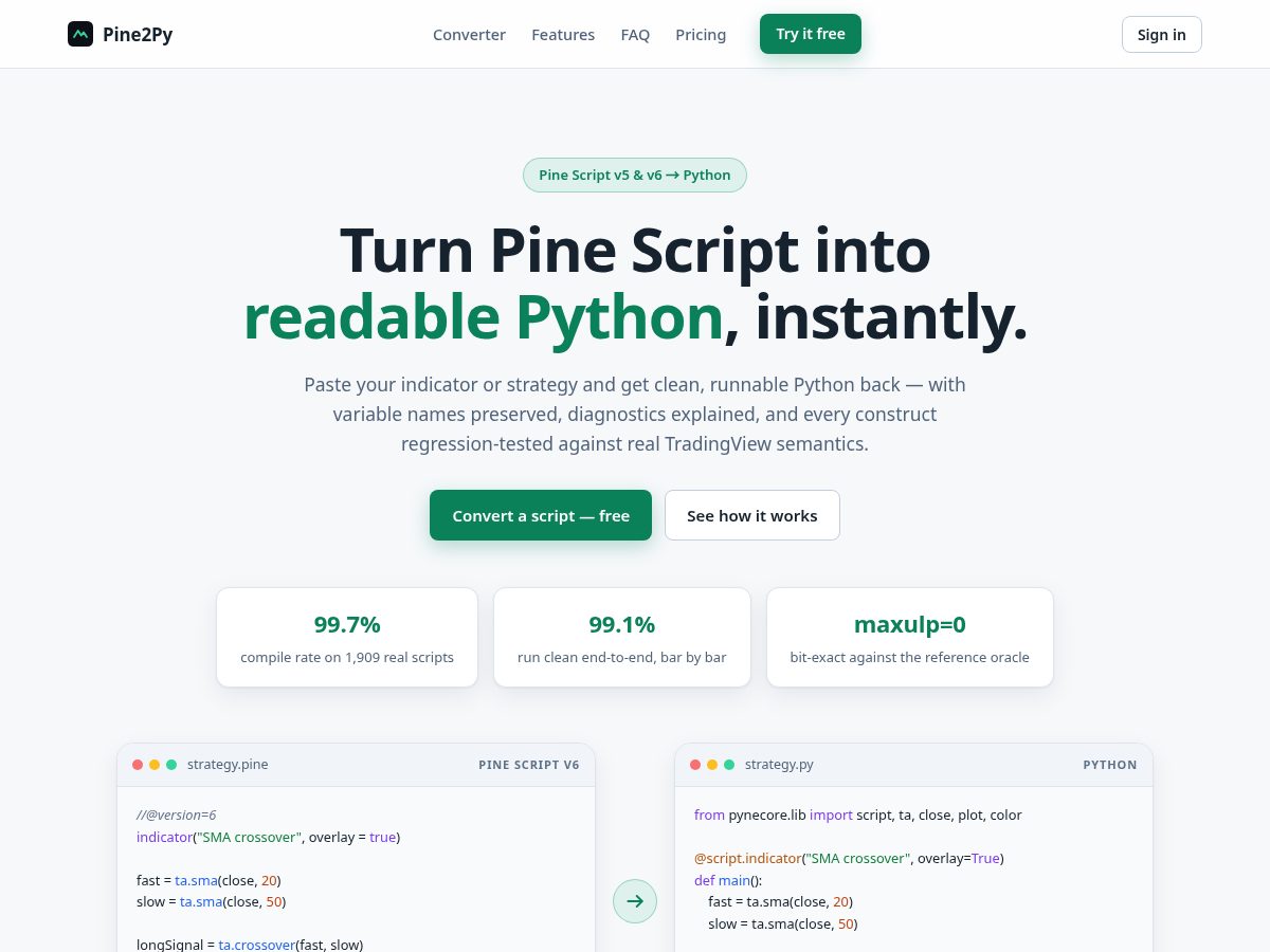 Landing-page snapshot of pine2py.com