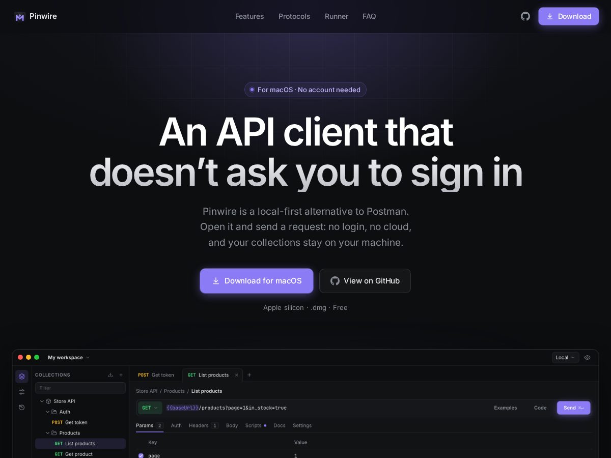 Landing-page snapshot of pinwire.dev
