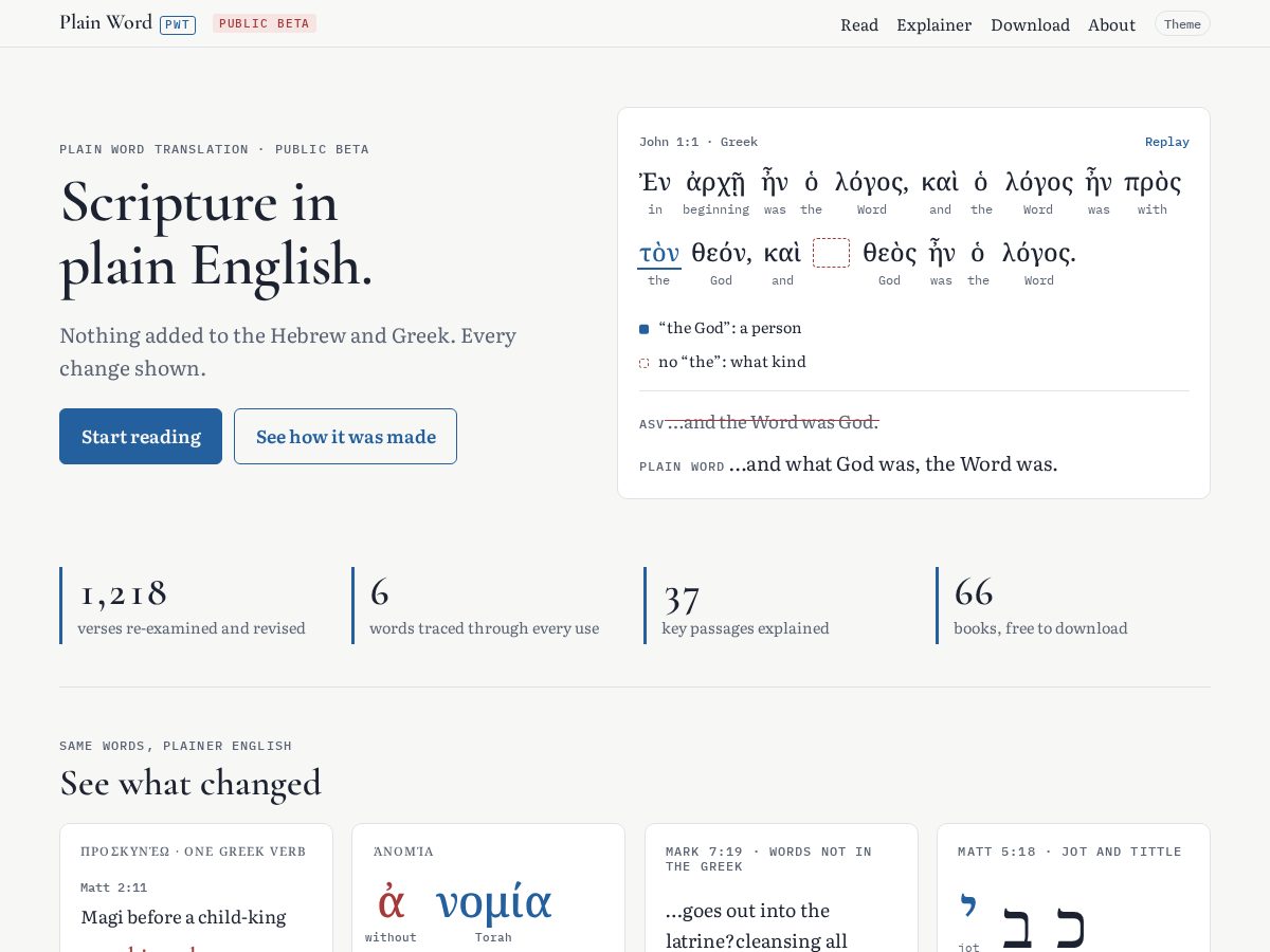 Landing-page snapshot of plainwordbible.com