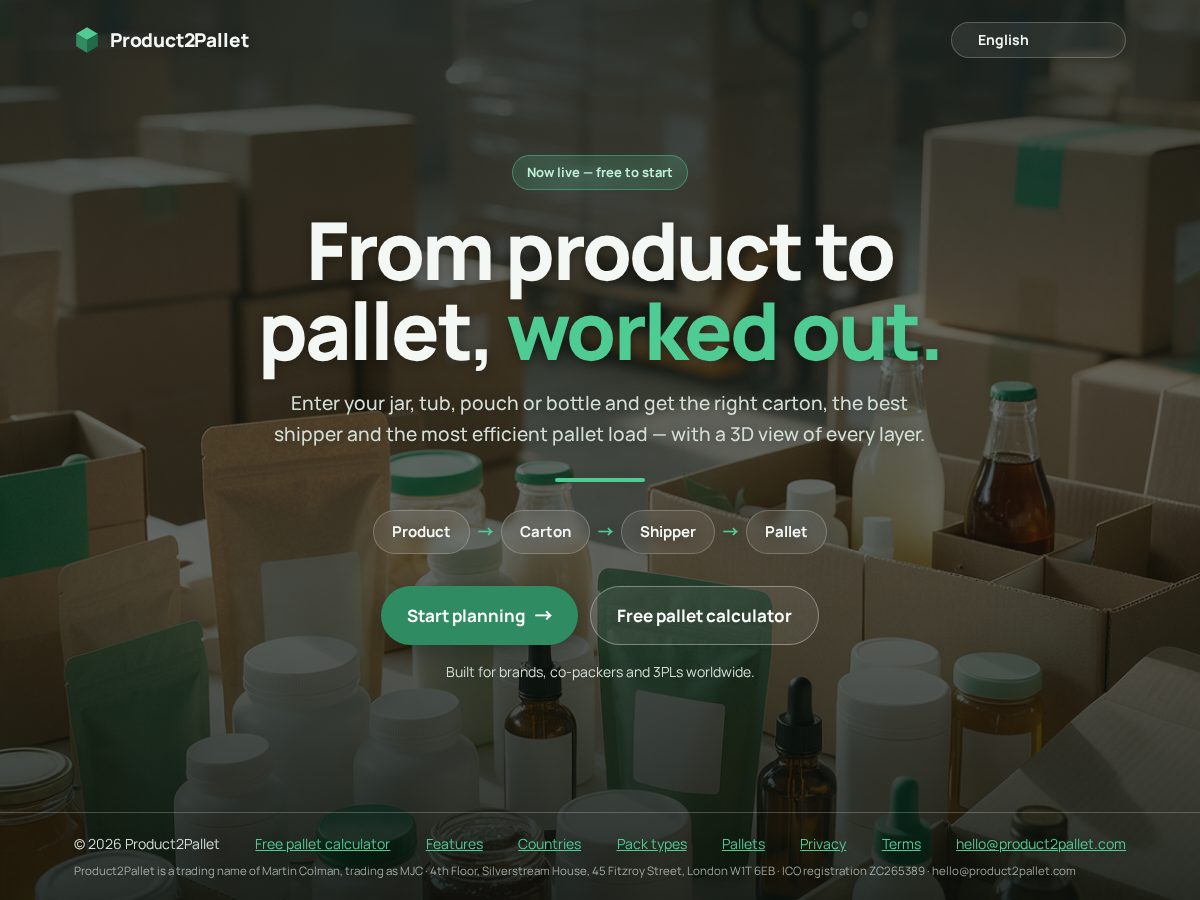 Landing-page snapshot of product2pallet.com