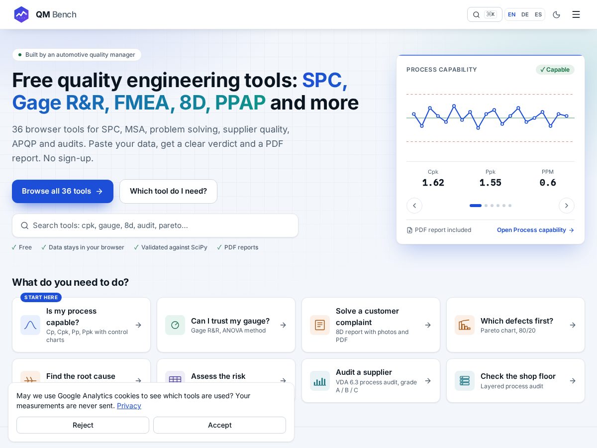 Landing-page snapshot of qmbench.com