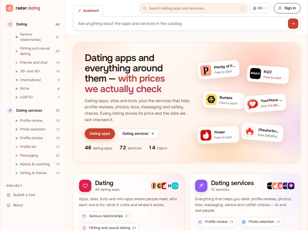 Landing-page snapshot of radar.dating