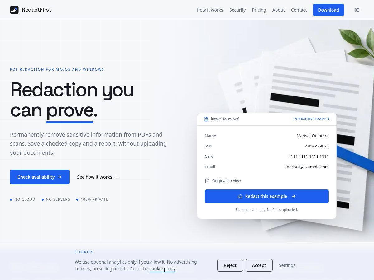 Landing-page snapshot of redactfirst.app