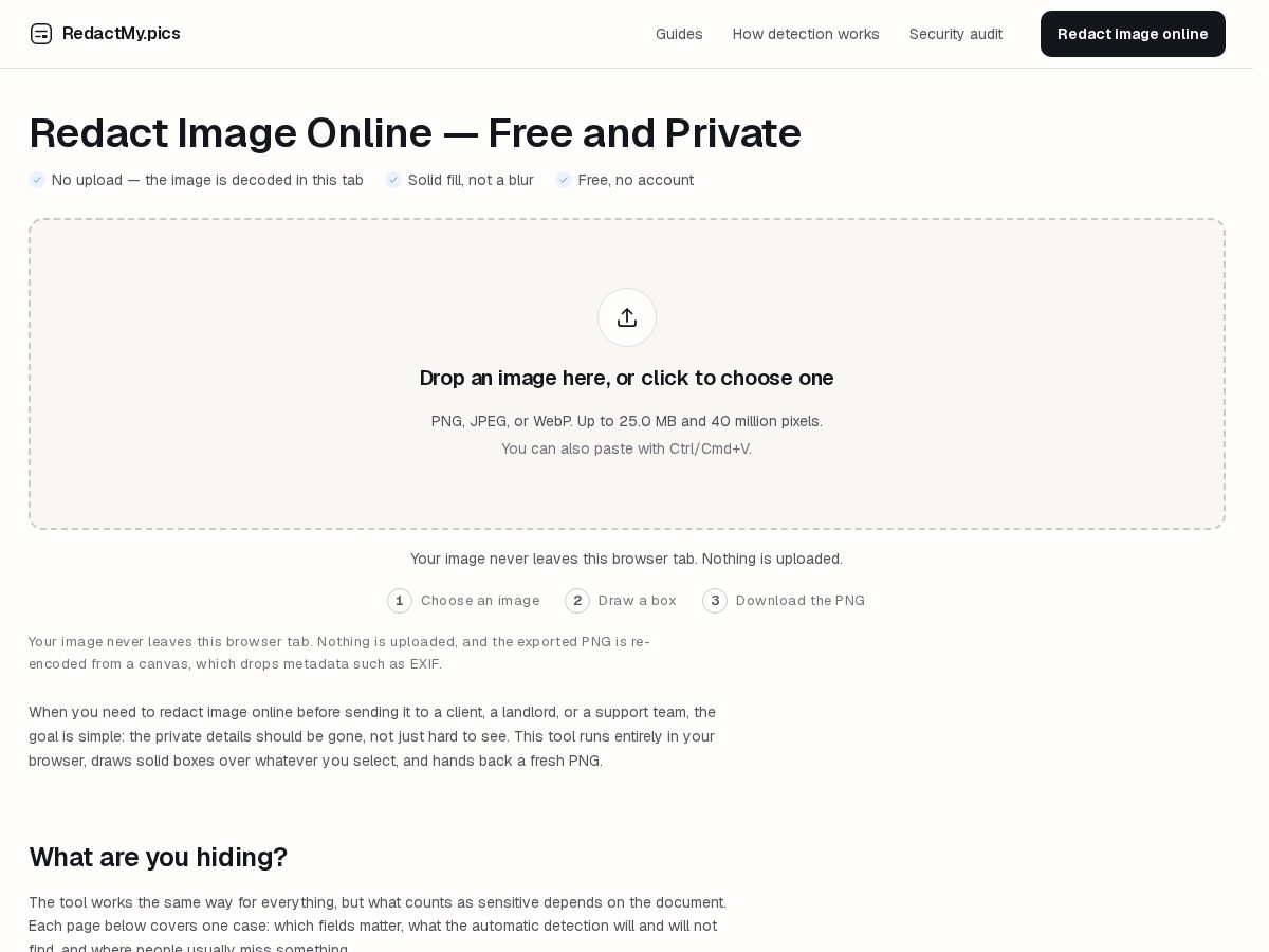 Landing-page snapshot of redactmy.pics