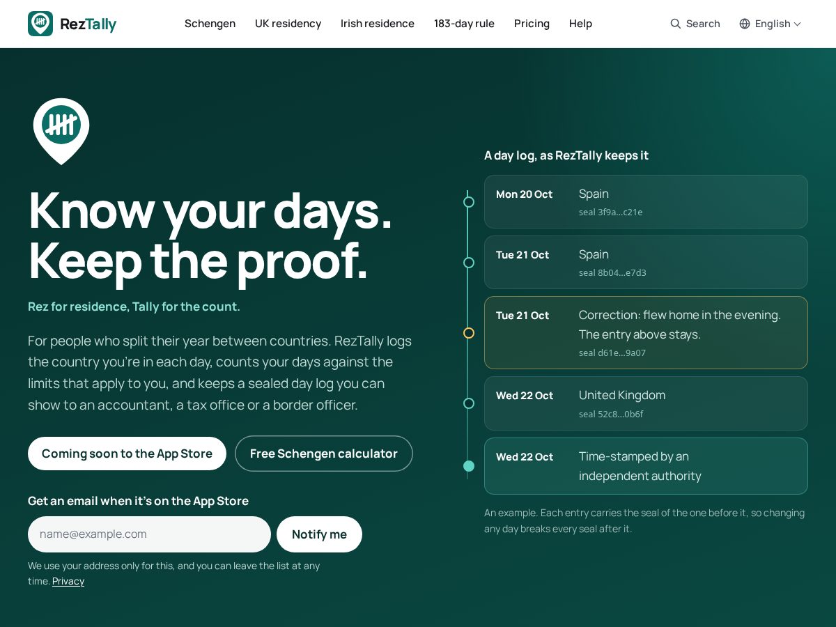 Landing-page snapshot of reztally.com