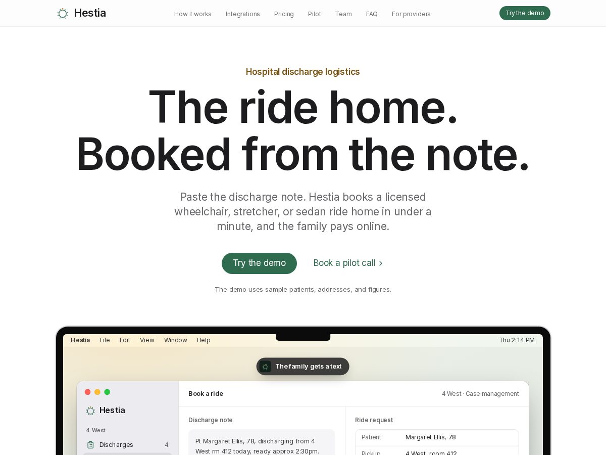Landing-page snapshot of ridehestia.com