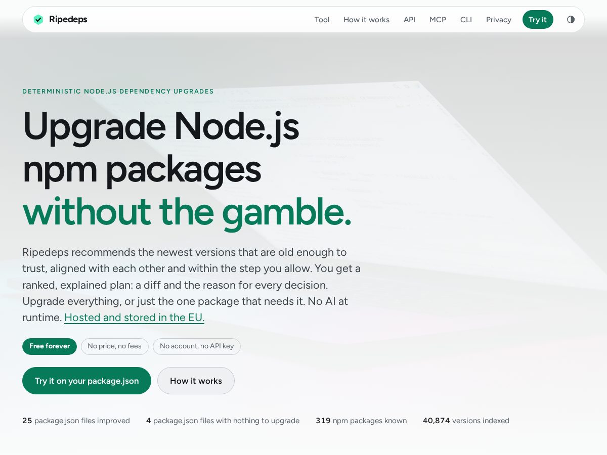 Landing-page snapshot of ripedeps.com