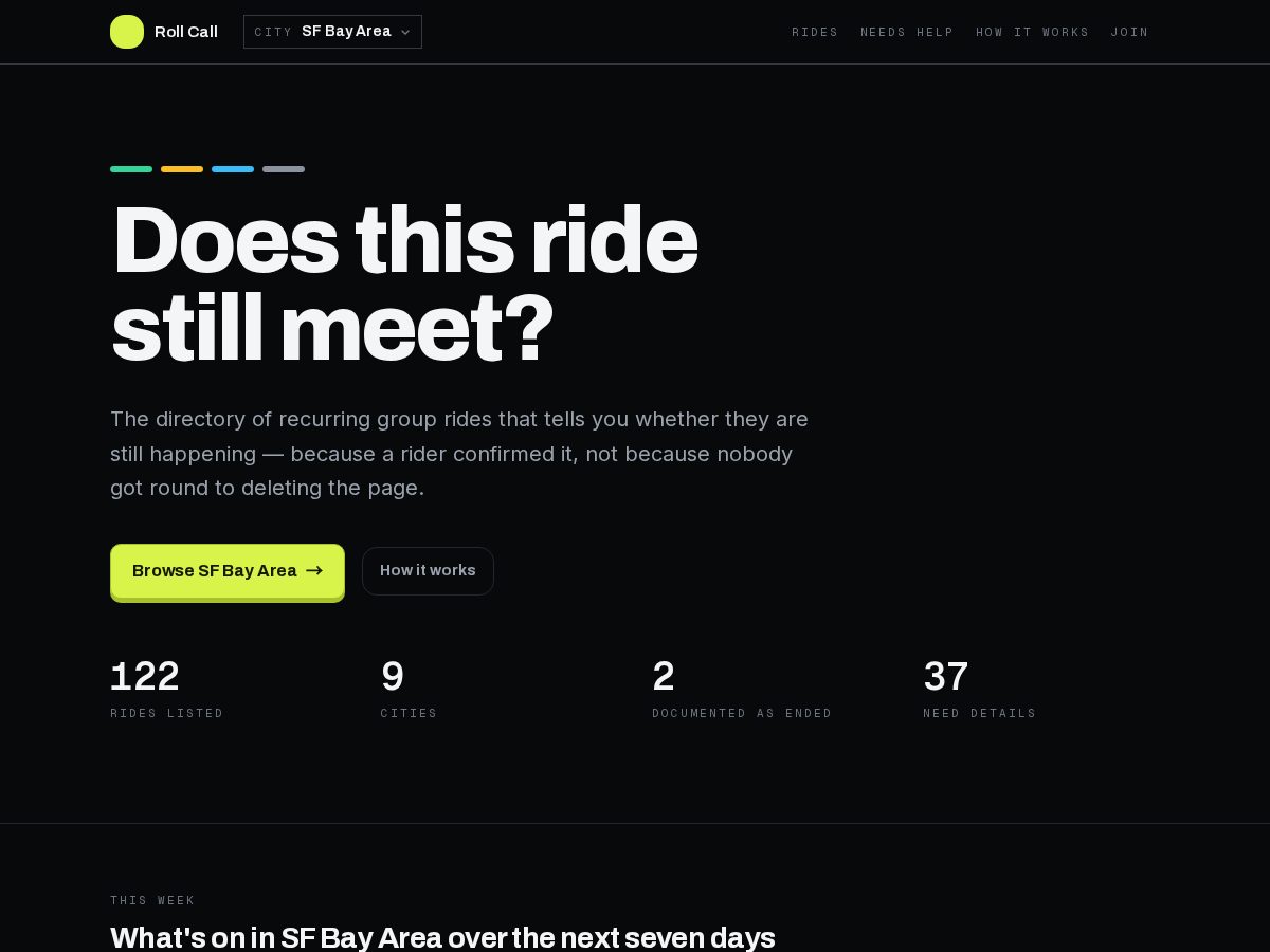 Landing-page snapshot of rollcall.bike