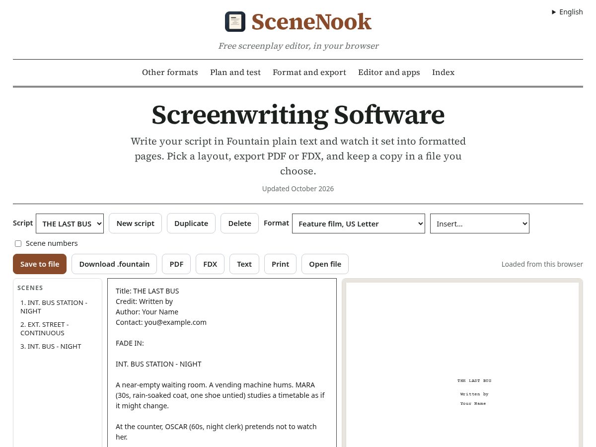 Landing-page snapshot of scenenook.com