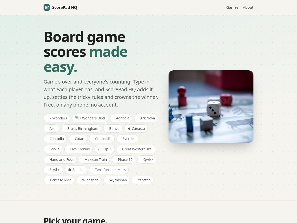 Landing-page snapshot of scorepadhq.com