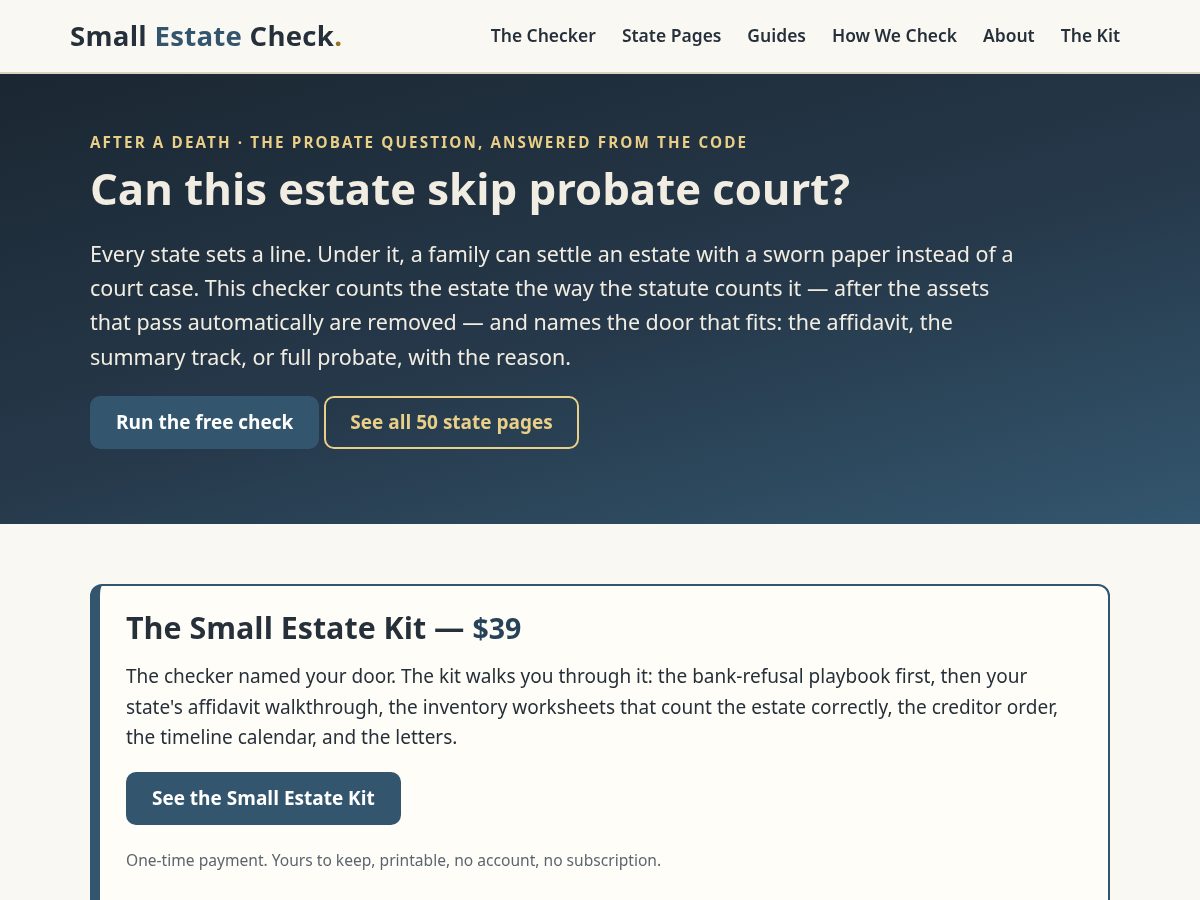 Landing-page snapshot of smallestatecheck.com
