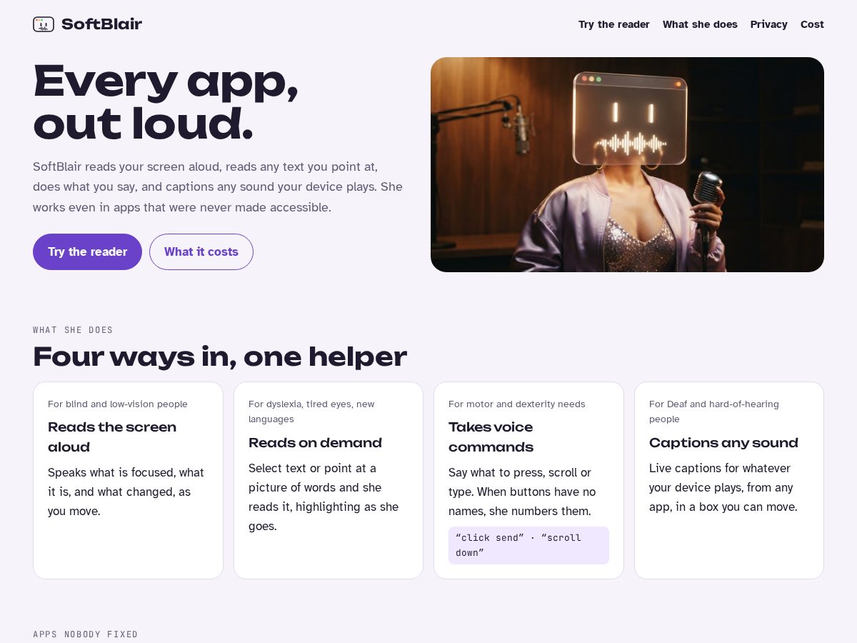 Landing-page snapshot of softblair.app