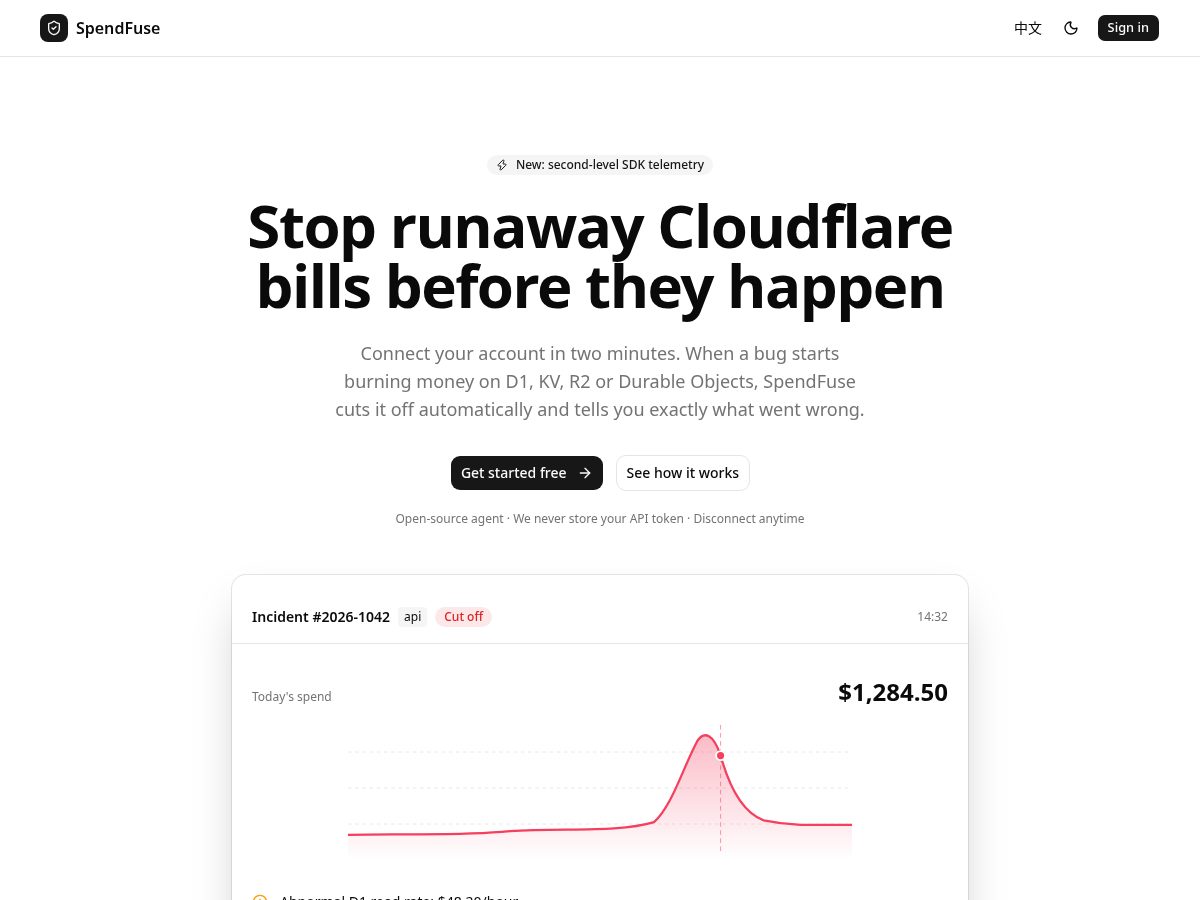 Landing-page snapshot of spendfuse.dev