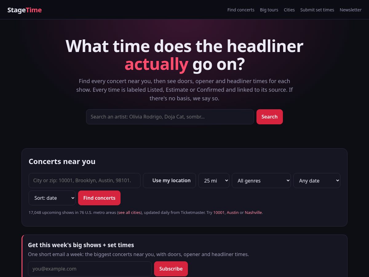 Landing-page snapshot of stagetime.live