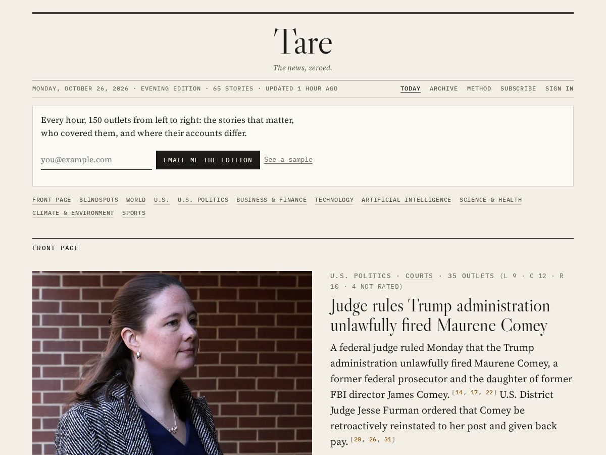 Landing-page snapshot of tare.news