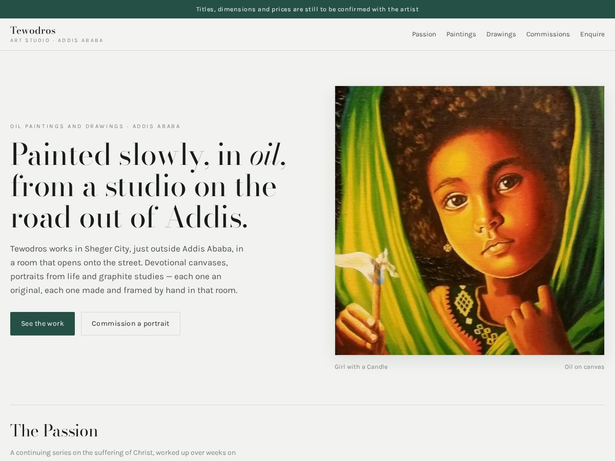 Landing-page snapshot of tewodrosartstudio.com