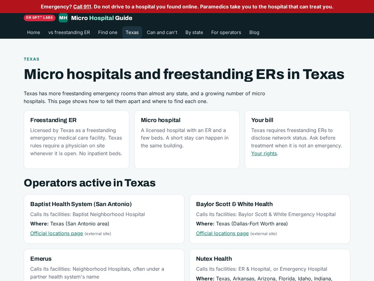 Landing-page snapshot of texasmicrohospitals.com