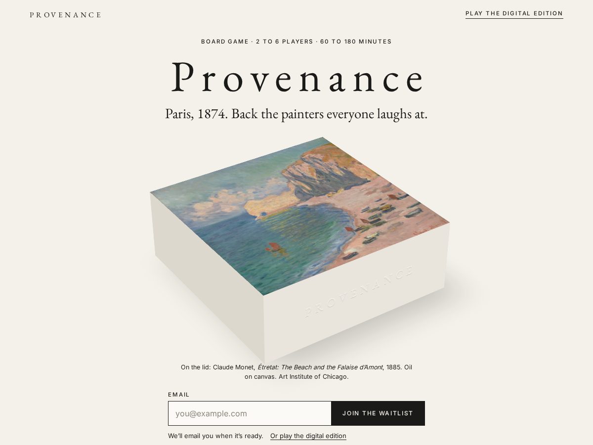 Landing-page snapshot of theprovenancegame.com