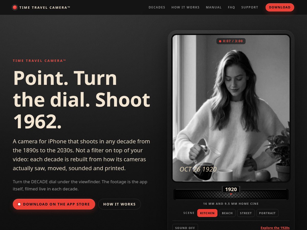 Landing-page snapshot of timetravelcamera.com