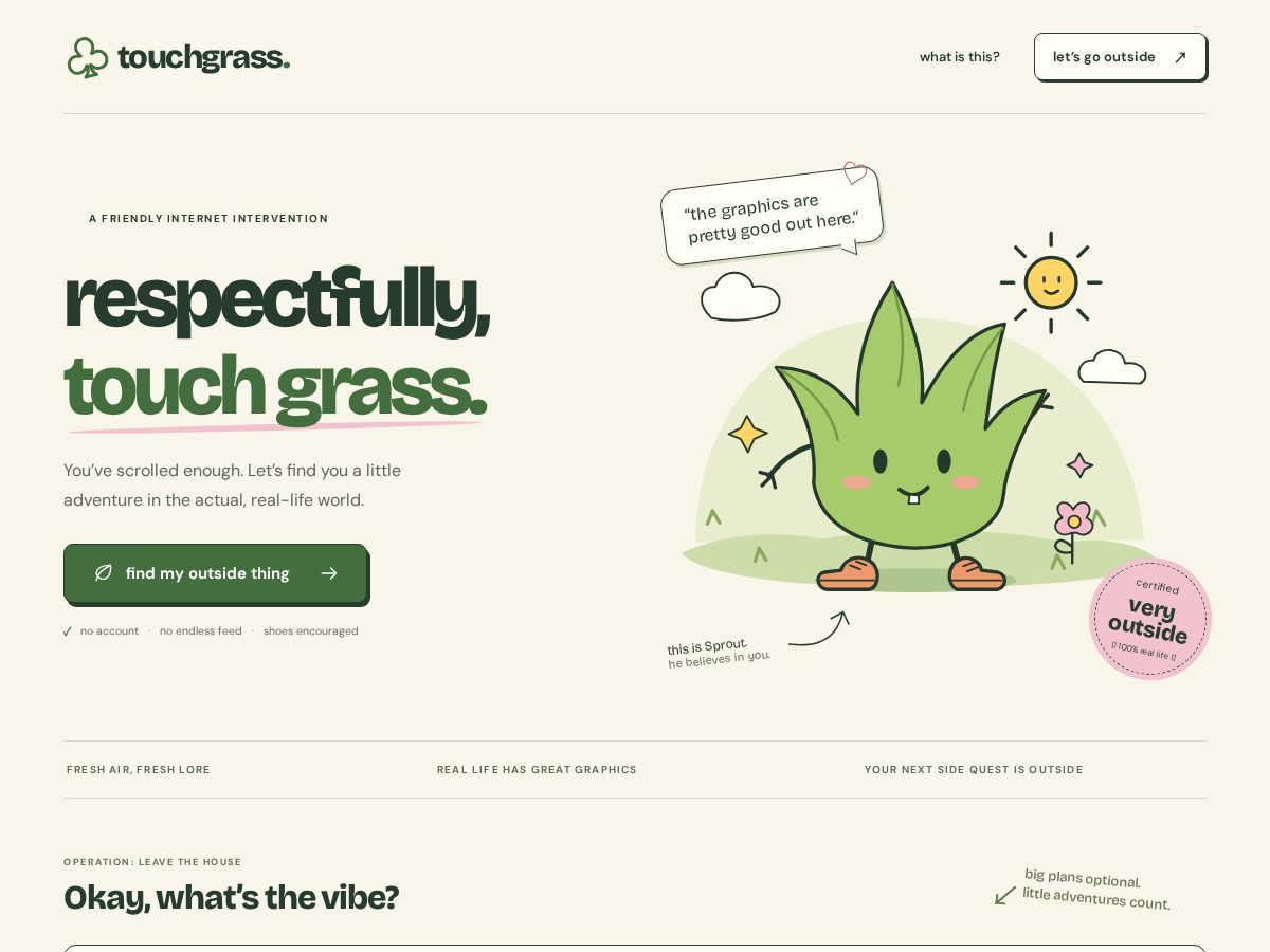 Landing-page snapshot of touchgrassquest.com