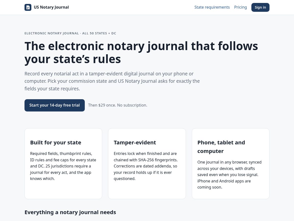 Landing-page snapshot of usnotaryjournal.com