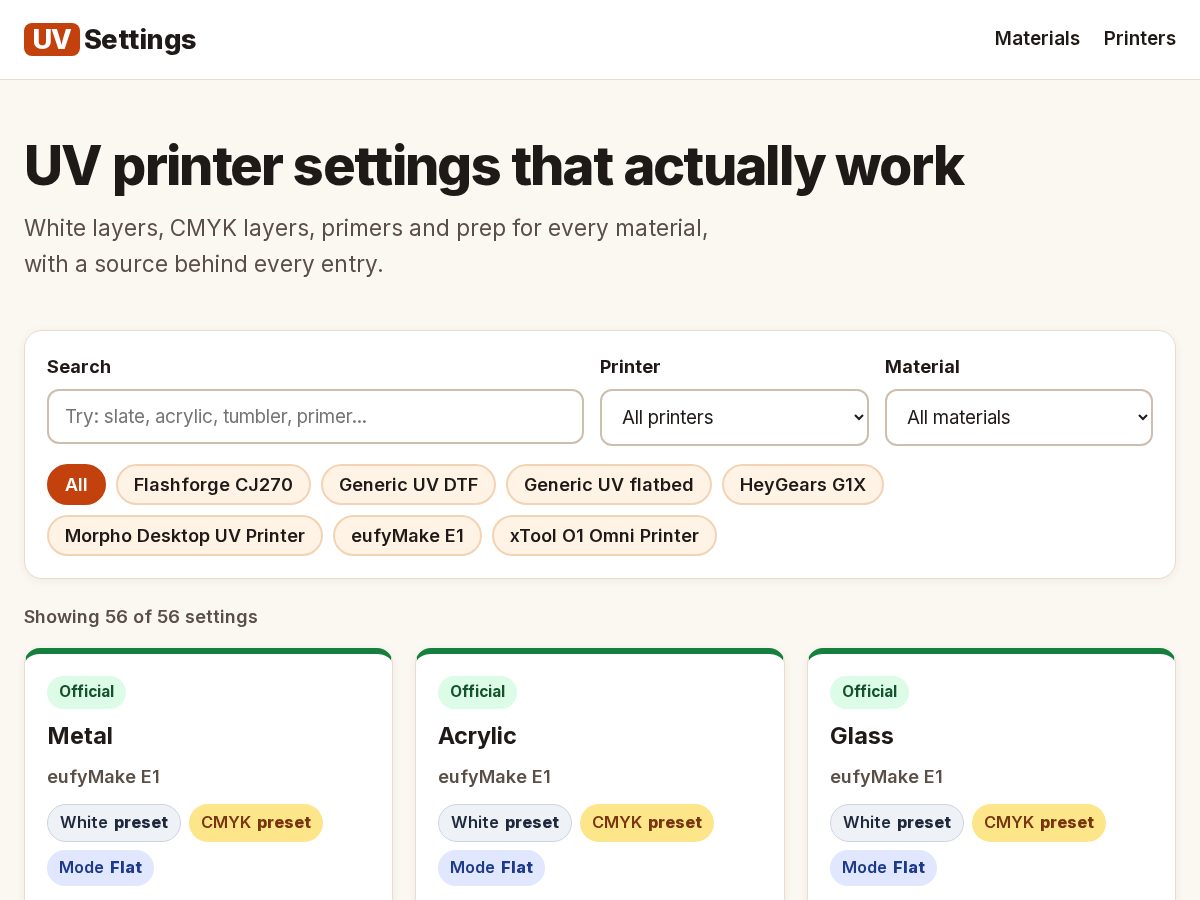 Landing-page snapshot of uvsettings.com