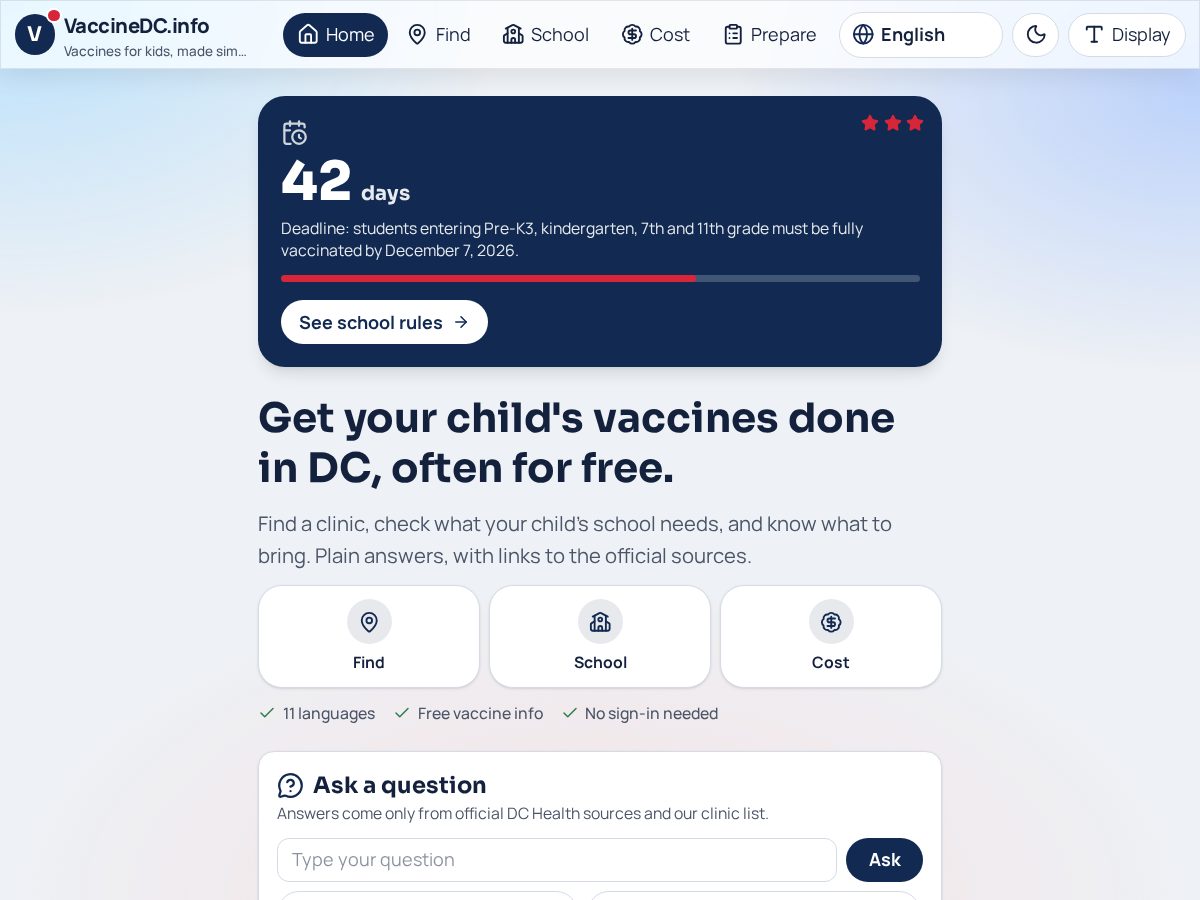 Landing-page snapshot of vaccinedc.info