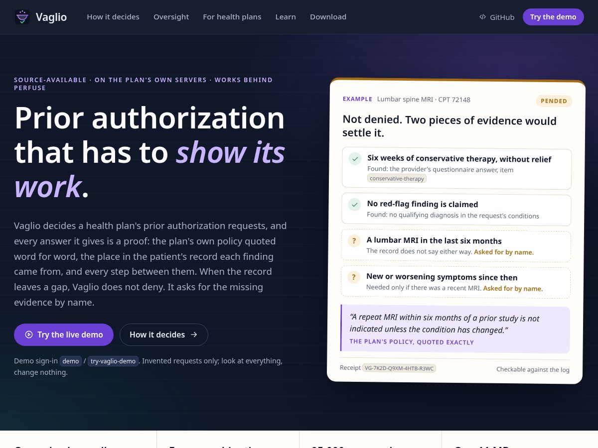 Landing-page snapshot of vaglio.health