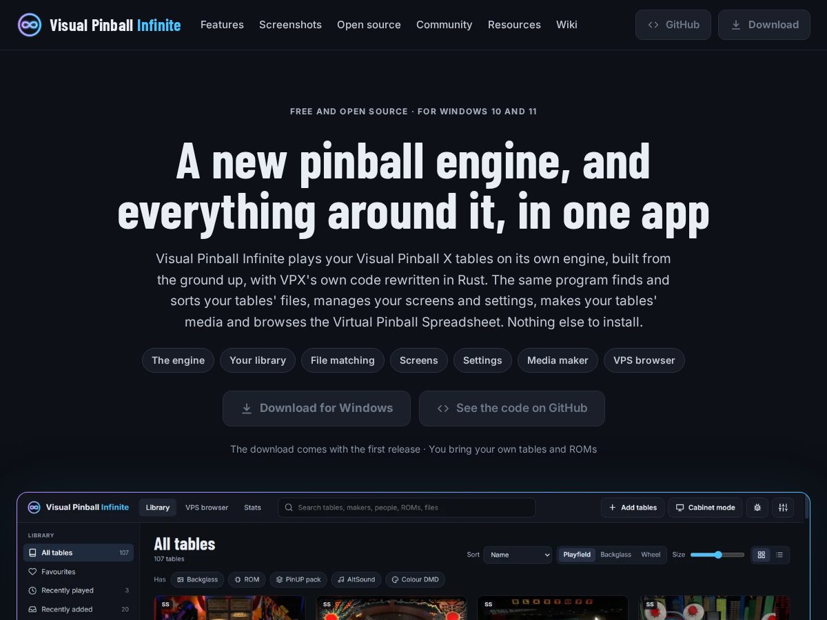 Landing-page snapshot of visualpinballinfinite.net