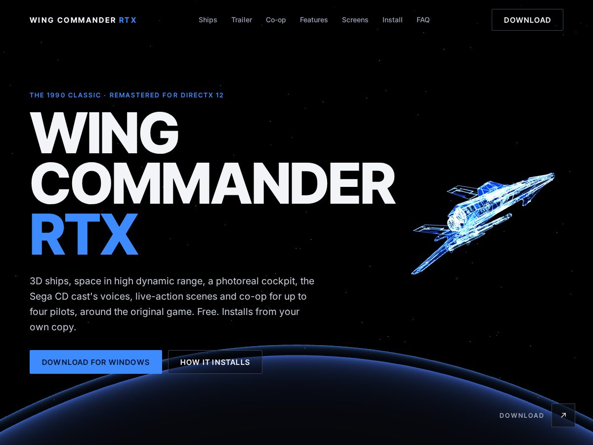 Landing-page snapshot of wingcommanderrtx.com