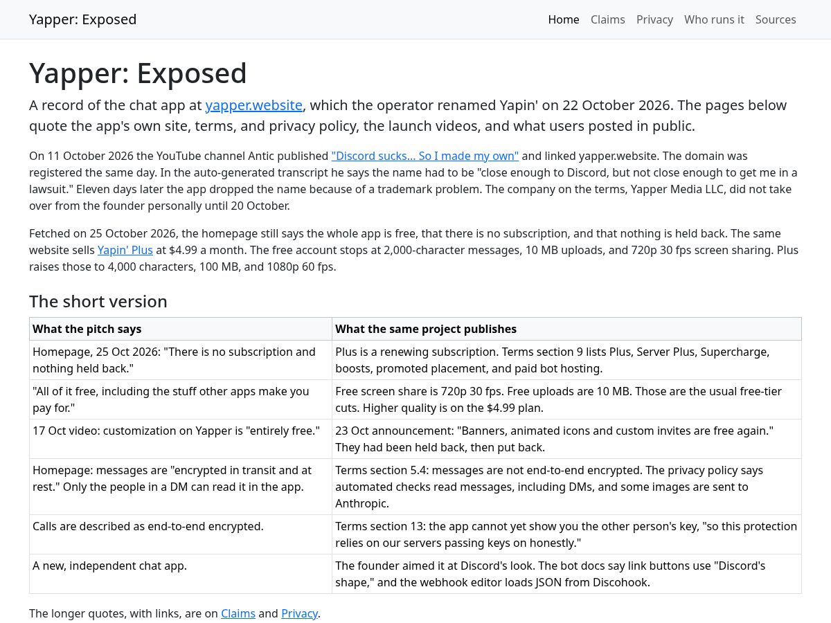 Landing-page snapshot of yapper.exposed