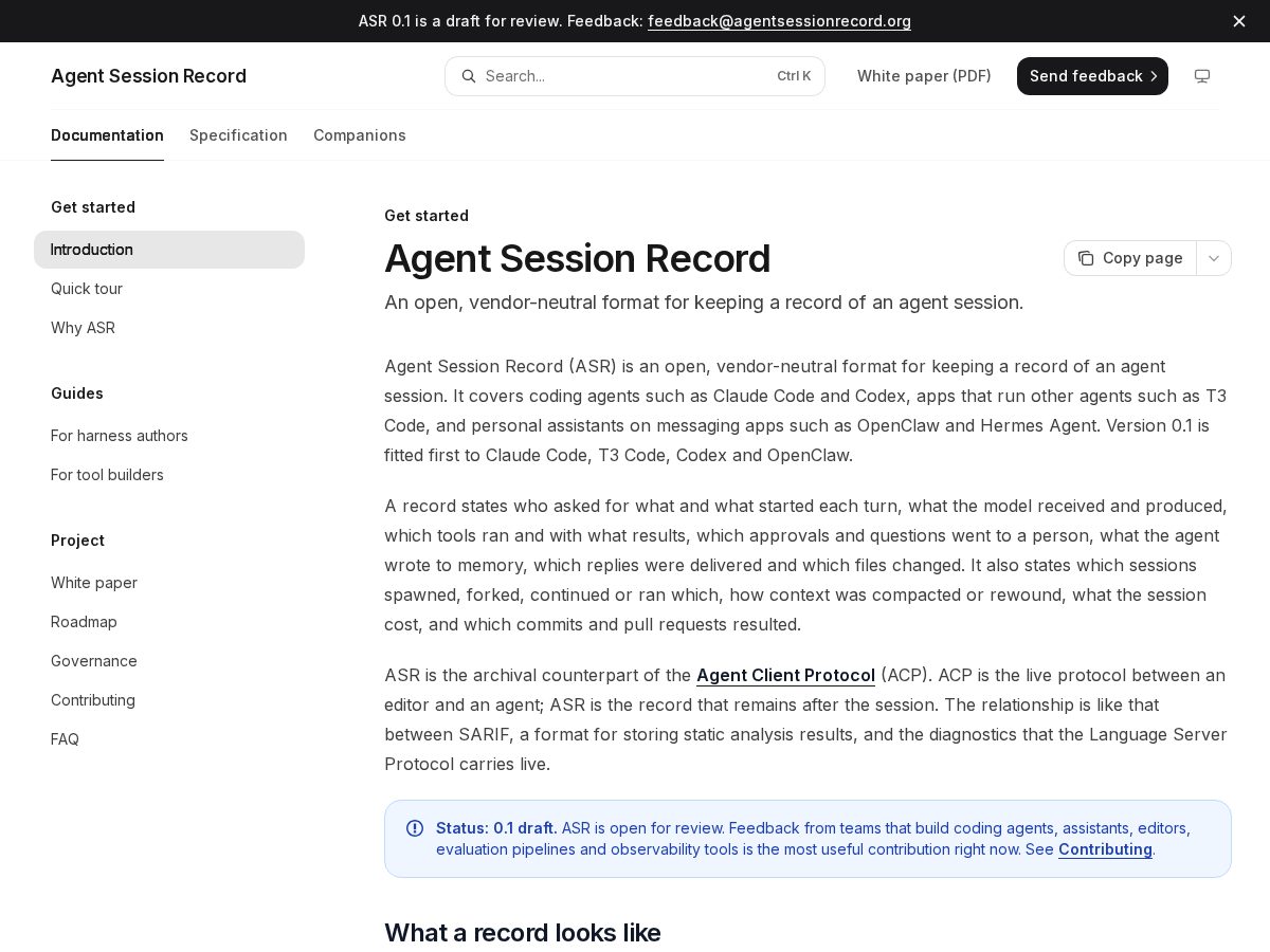 Landing-page snapshot of agentsessionrecord.org