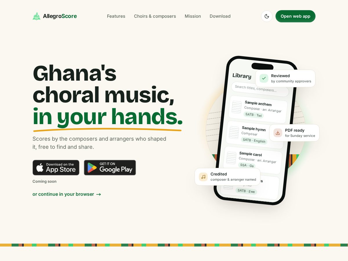 Landing-page snapshot of allegroscore.app