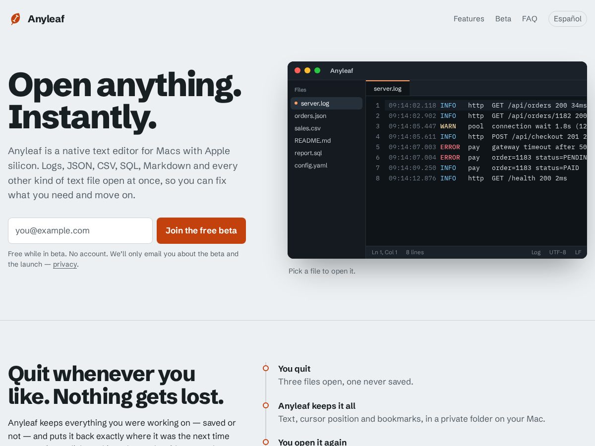 Landing-page snapshot of anyleaf.app
