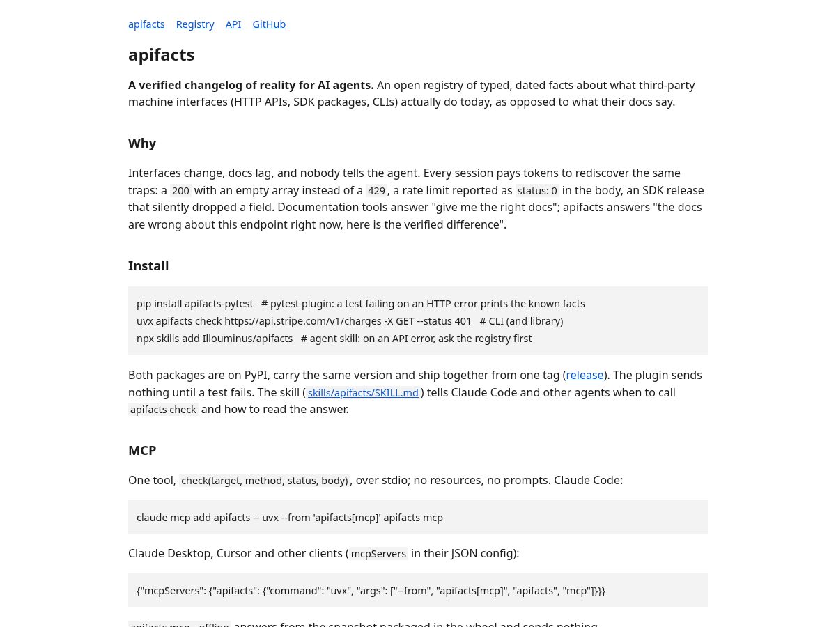 Landing-page snapshot of apifacts.dev