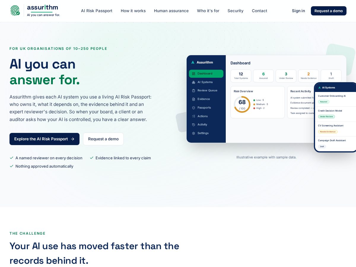 Landing-page snapshot of assurithm.tech